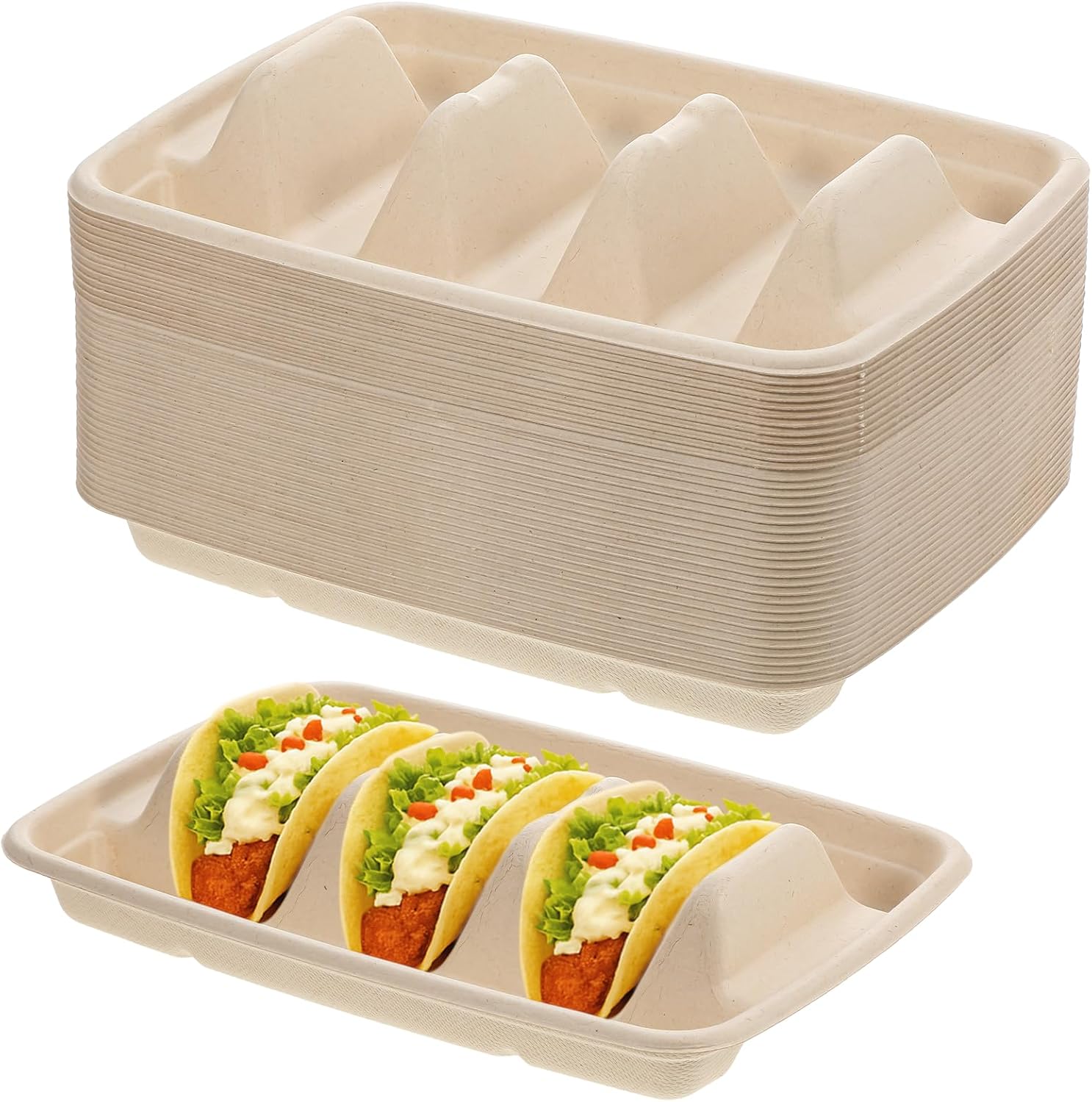 150Pcs Disposable Taco Holders for Party, Premium Bagasse Pulp Taco Plates, Taco Plates with 3 Dividers, 3-Slot Taco Tray Holder, Taco Bar Serving Set for Party Taco Tuesday Hot Dog Sandwich