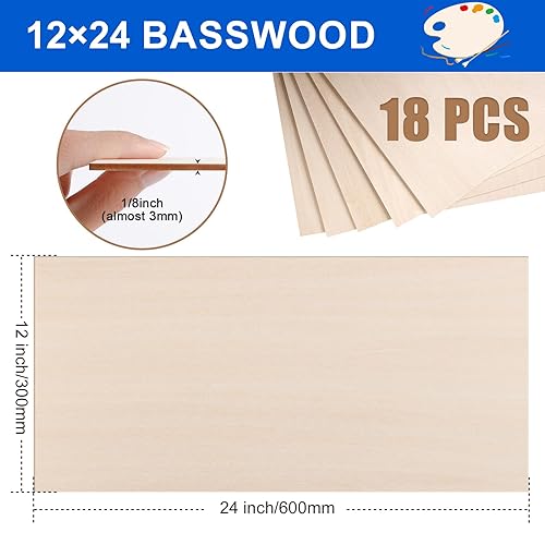 Miniatura 2 de Paquete de 18 hojas de tilo de 12 x 24 x 18 pulgadas, madera de tilo de gran tamaño para corte y grabado láser, tablero de madera contrachapada,