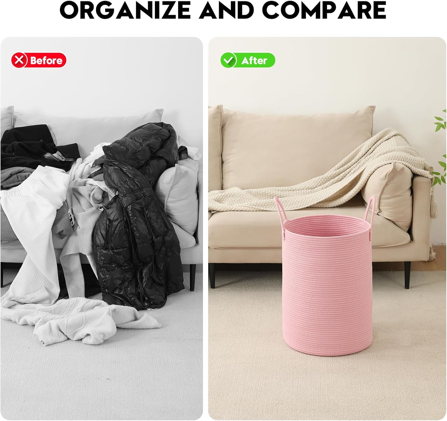Laundry Basket Hamper Tall Rope Storage Woven for Blanket toys Dirty Clothes in Living Room Bathroom Bedroom (Pink, 80L/21.3Gal)
