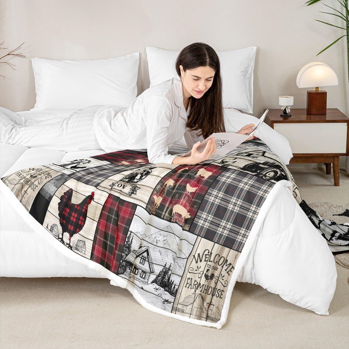 Rustic Farm Animal Fleece Bed Blanket Throw 50"X60" Retro Buffalo Plaid Farmhouse Cabin Throw Blanket Country Sheep Chicken Cow Print Sherpa Blanket,Grid Windmill Flannel Blanket Red Black Grey - Image 5