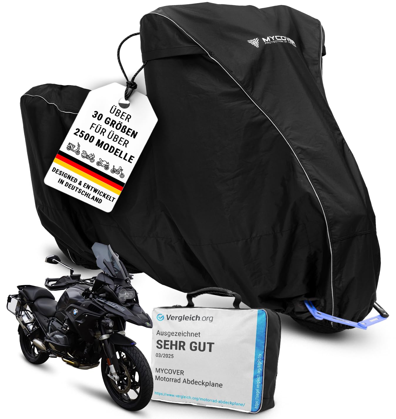 handgefertigte Premium Motorrad Abdeckplane – 30 Größen für über 2500 Modelle – 100% passgenau, wasserdicht, Winterfest & extrem reißfest – Indoor & Outdoor - Größe XL+ (L245xB110xH145)