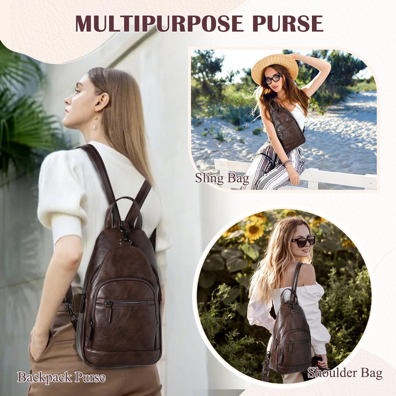 RAVUO Sling Bag for Women, Anti Theft Small Crossbody Backpack Purse Fashion PU Leather Ladies Convertible Daypack - Image 6