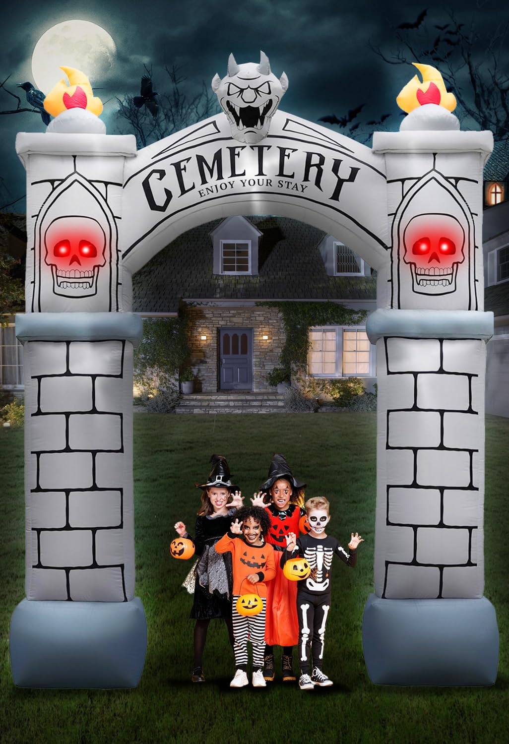 PARAYOYO 10FT Halloween Inflatables Haunted Cemetery Archway, Halloween Inflatable Outdoor Decorations Built-in 9 Bright Whtie LEDs & 4 Red LEDs Blow Up Arch Graveyard Inflatable Tombstone Decoration