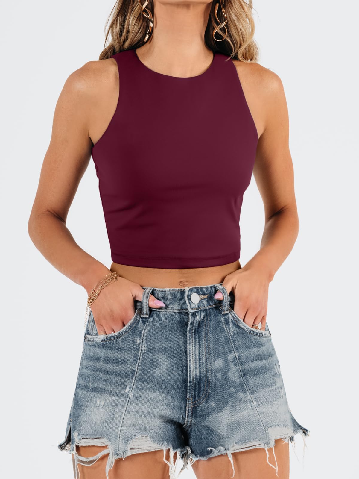 EFAN Womens Sexy Sleeveless High Neck Crop Tops Workout Cute Racerback Cropped Tank Tops Summer Clothes Teen Girls