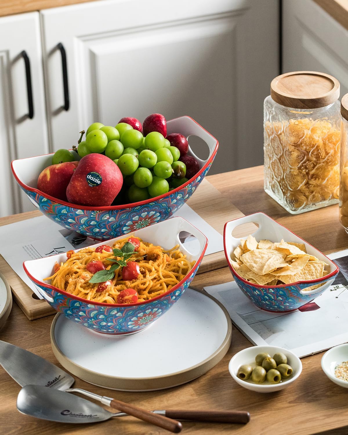 LAUCHUH Serving Bowls with Handles, Bohemian Porcelain Serving Dishes for Entertaining Colorful Nesting Bowls Salad Bowls for Kitchen, Easter Party, Set of 3, 15/28/49 oz, Blue and Red