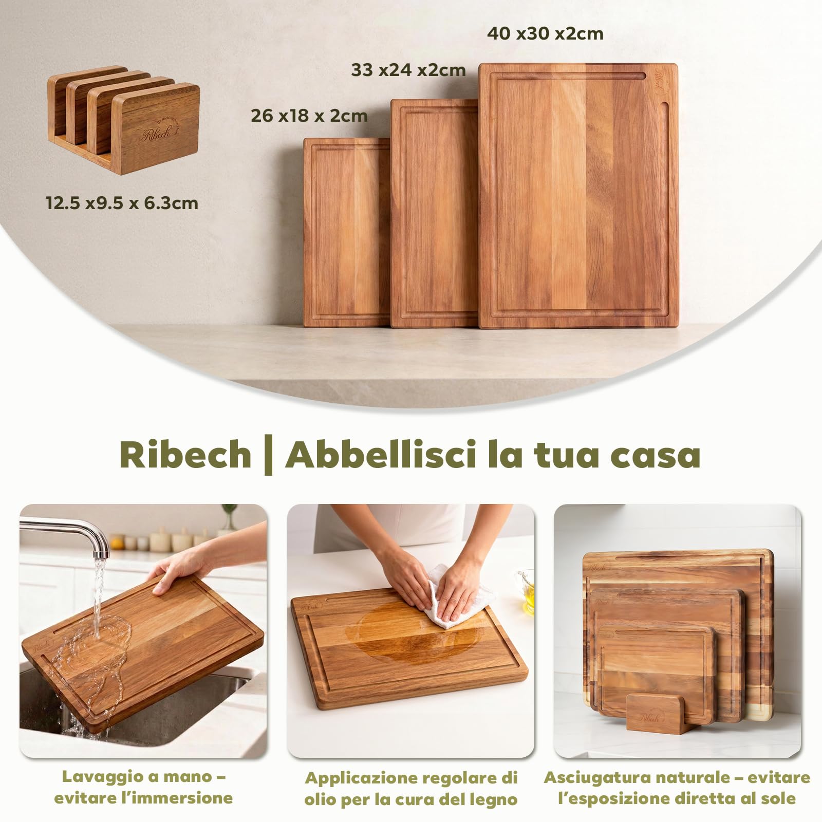 Set Taglieri 3 Pezzi in Legno di Acacia Massello con Supporto | 40x30cm 33x24cm 26x18cm | Taglieri Spessi 2cm con Canaletto e Piedini Antiscivolo