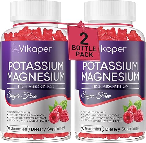 Gomitas de potasio y magnesio de 1200 mg para adultos, suplemento de glicinato de magnesio de alta absorción sin azúcar, soporta calambres en las