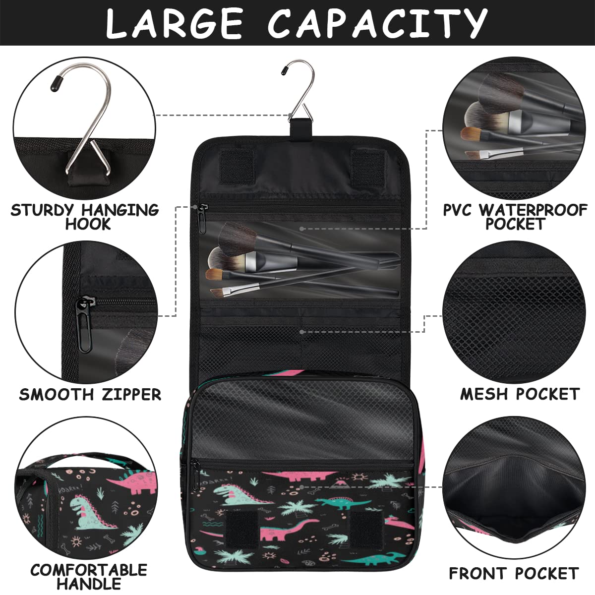 Podróżna kosmetyczka z dinozaurem zabawny dinozaur torba do mycia torba unisex wiszące przybory toaletowe kosmetyczny organizer do makijażu, wielobarwny, Jeden rozmiar