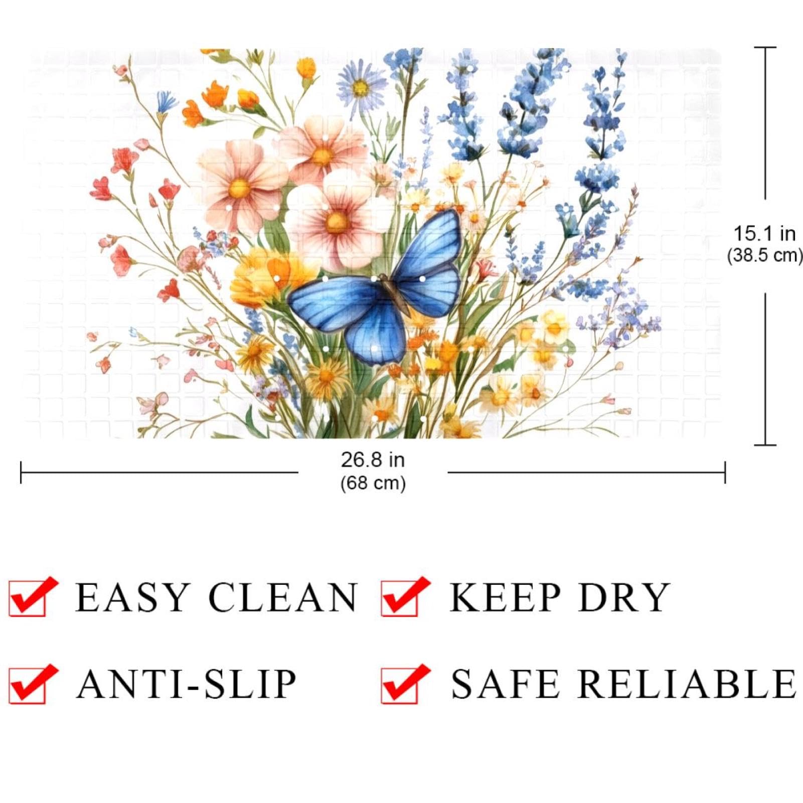 Badematte für die Badewanne, Motiv: Sommermotiv, Wildblumen, Schmetterlinge, rutschfest, rechteckig, Duschmatte mit Saugnäpfen, maschinenwaschbar, Badezimmermatte, 39,9 x 70,9 cm