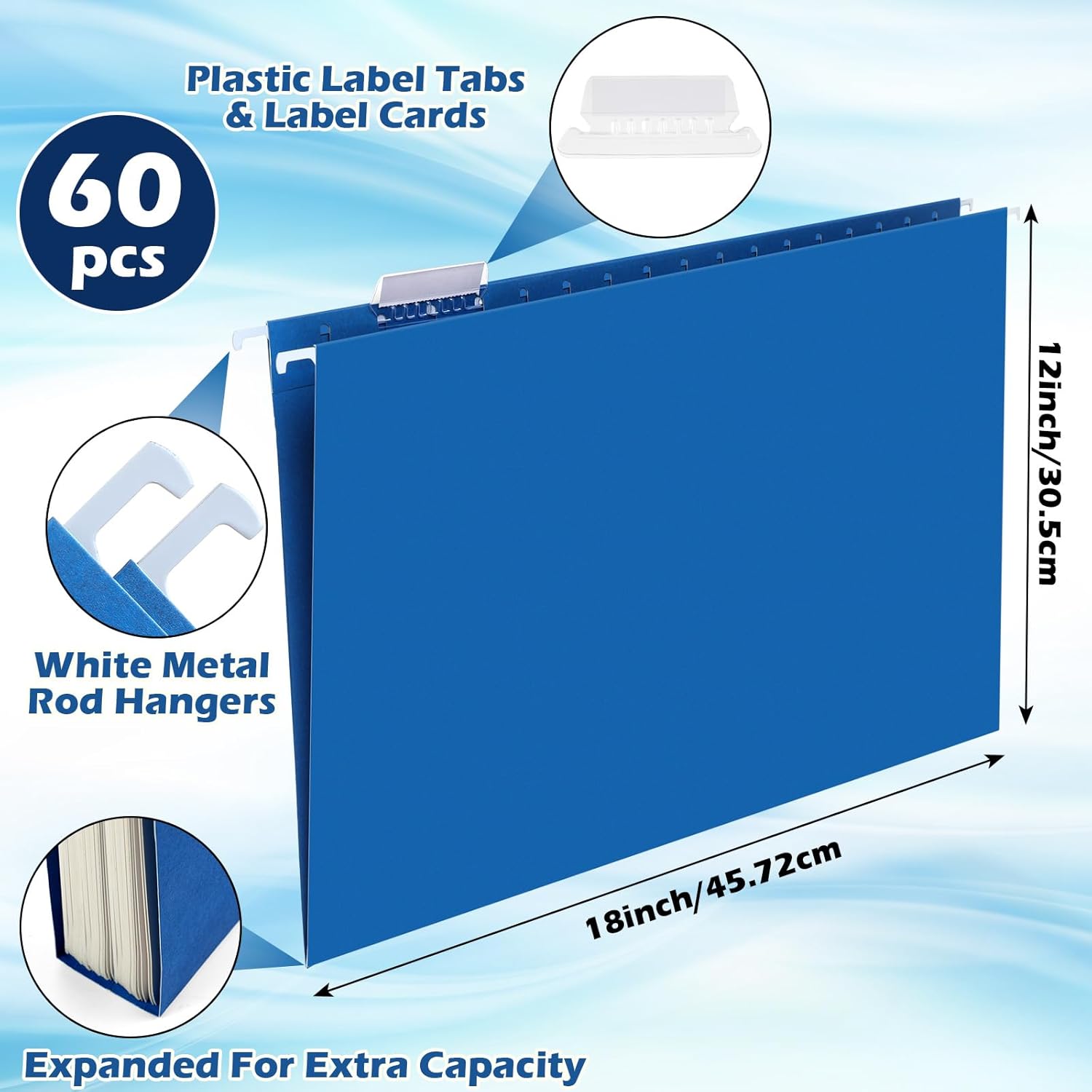 11 x 17 extra large hanging file folders for filing cabinet organizer heavy duty expanding hang folders 1/5 cut adjustable clear plastic tabs includes rod(blue,60 pack) 60 blue