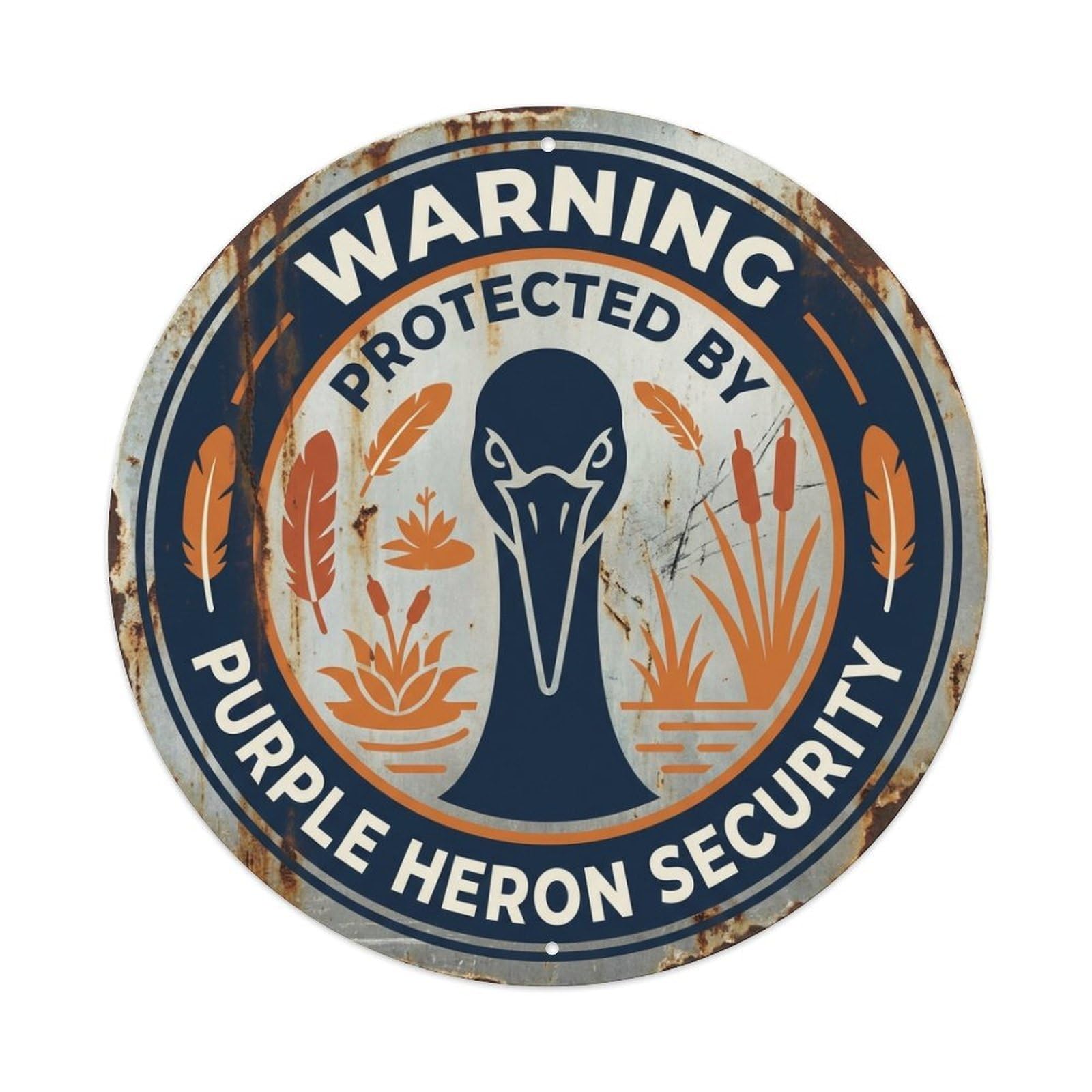 Warning Protected By Purple Heron Security Waterbird Metal Tin Sign