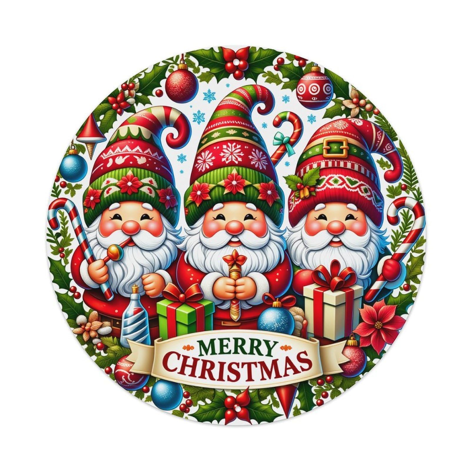 Jdyaojiesheng Vintage Christmas Gnomes Holiday Ornaments Wreath Round Tin Sign Retro Metal Wall Decor Metal Poster, Home Bar Garage Farmhouse Cafe Wall Art Decoration 8X8inch