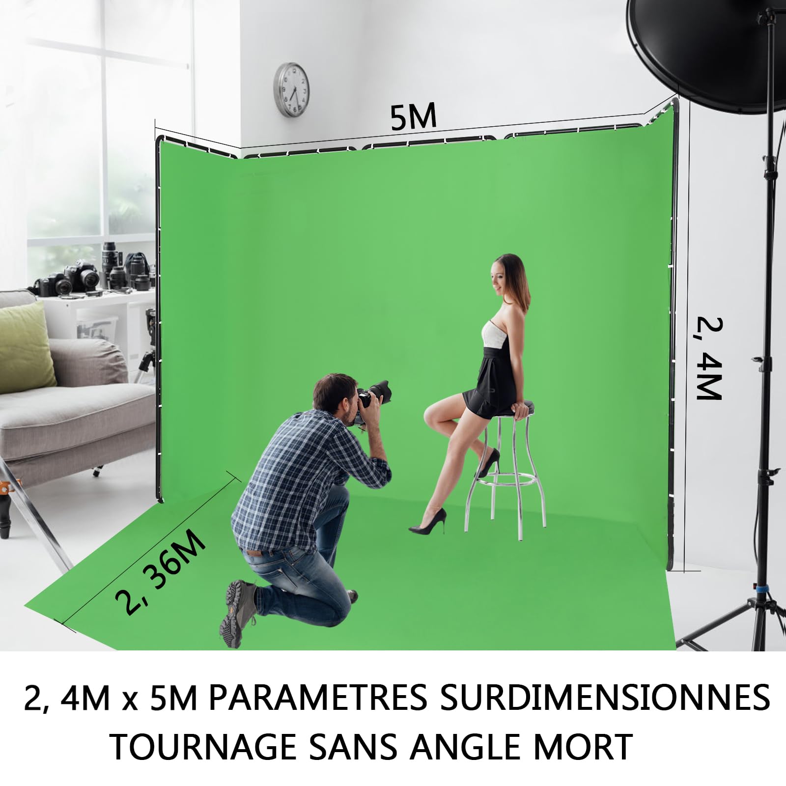 Toile de fond portable professionnelle 2,4 x 5 m - Vert - Avec cadre - Système de fond pour photographie et enregistrement vidéo en studio photo - Diffusions en direct - Pour fête, scène