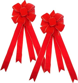 Christmas Large Bows 2 Pcs - Gold Wired Red Velvet Bows with Long Tails for Wreath Floral, Christmas Tree Topper, Outdoor Bowknot for Wedding Birthday Party Red Bow for Car Garden Festive Decor
