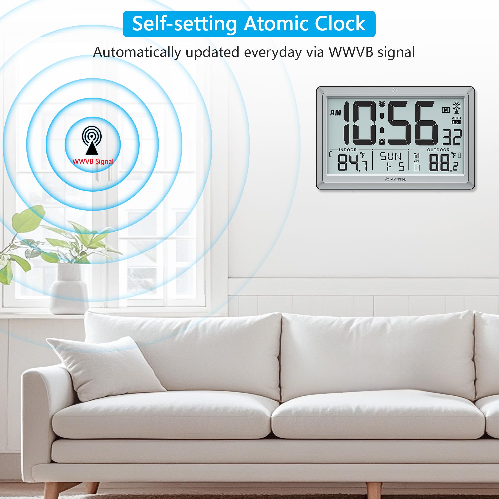 Orologio atomico con temperatura interna/esterna, orologio digitale automatico a batteria, grande display da 10,5 pollici, orologi da parete o da scrivania per camera da letto, soggiorno