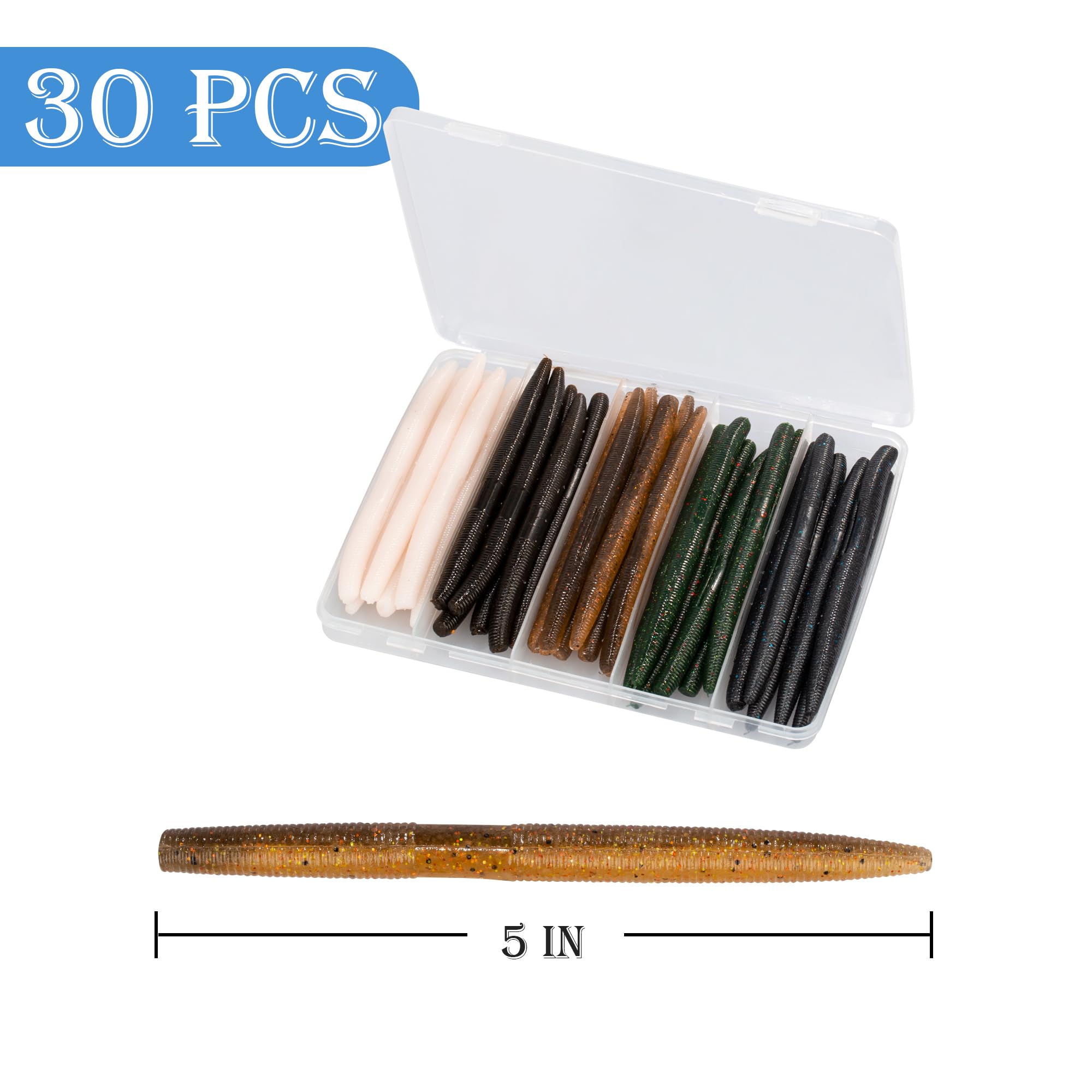 Kit de 30/50/78/100 piezas Senko Worms - Señuelos de pesca de plástico suave de 4 pulgadas/5 pulgadas con impregnación de sal para pesca de lubina