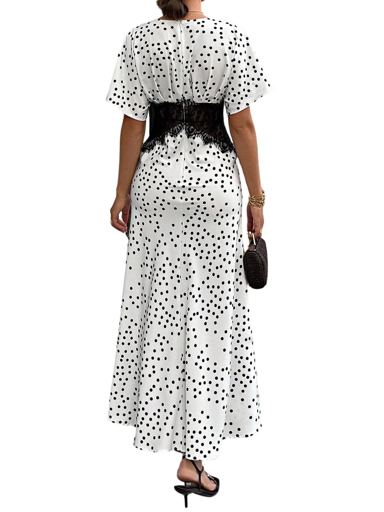 SweatyRocks Damen Kleid V Ausschnitt Maxikleid mit Polka Dots Muster Rüschenärmel Sommerkleid mit Spitze A Linien Cocktailkleid