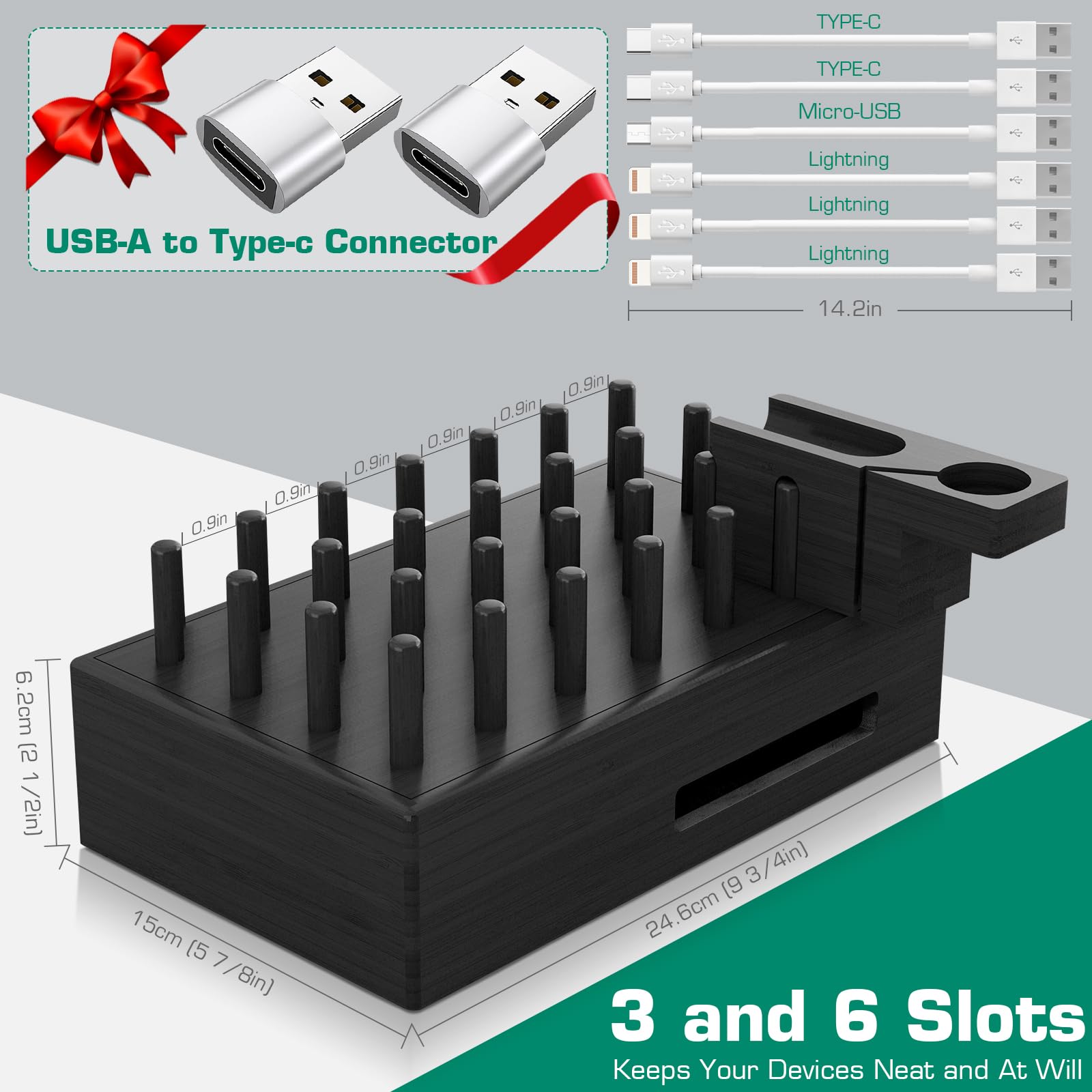 Charging Station for Multiple Devices - Darfoo Wood Charging Organizer, 7 USB Charging Ports Compatible with Cell Phones, Tablet, Smart Watch & Earbud(Black)