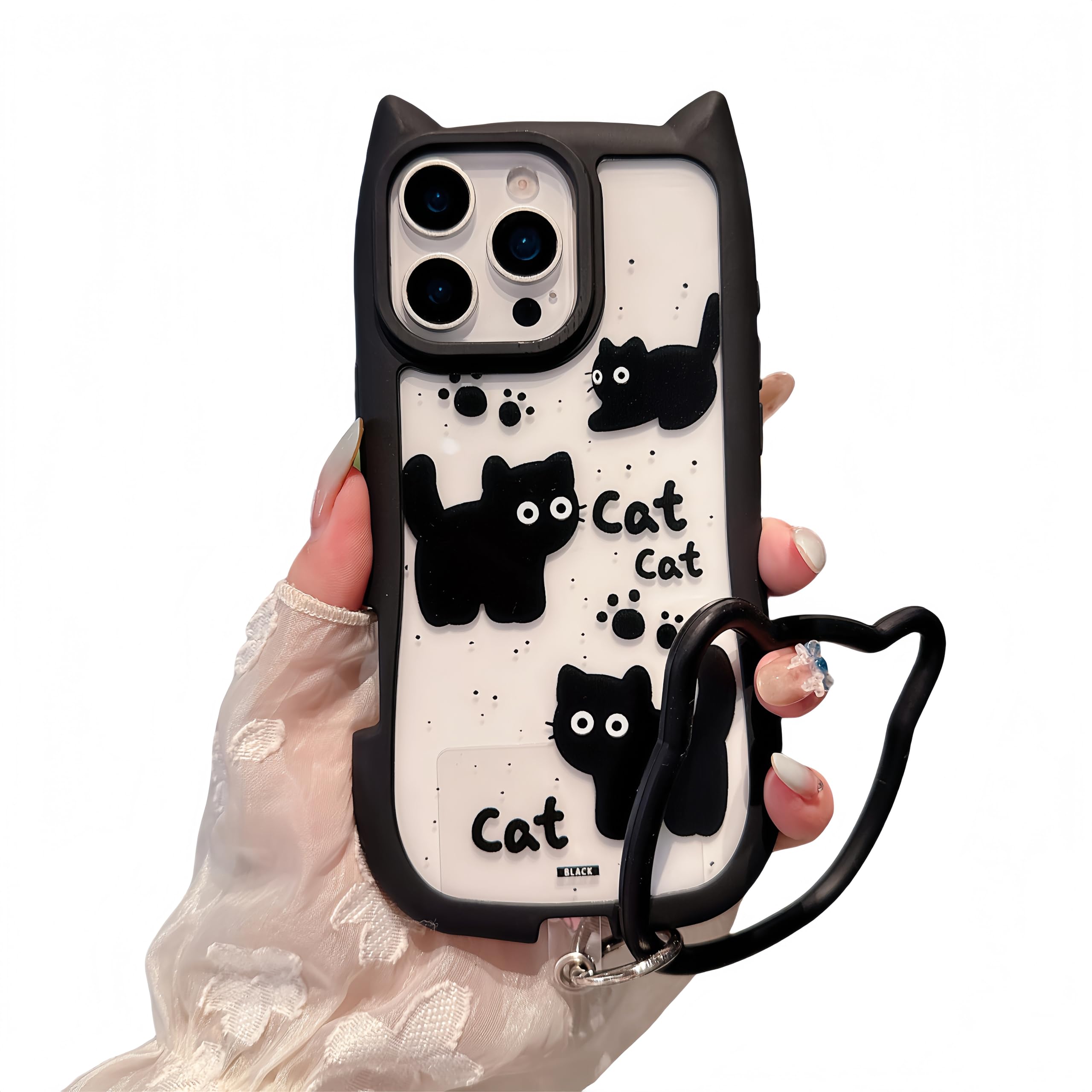 FXFOOT for iPhone 12 Pro Max Case, [Black Cute Cat Ears] [2-in-1 with Kitty Bracelet] Stylish Black Baby Kitty Print, Soft TPU Shockproof, Gift for