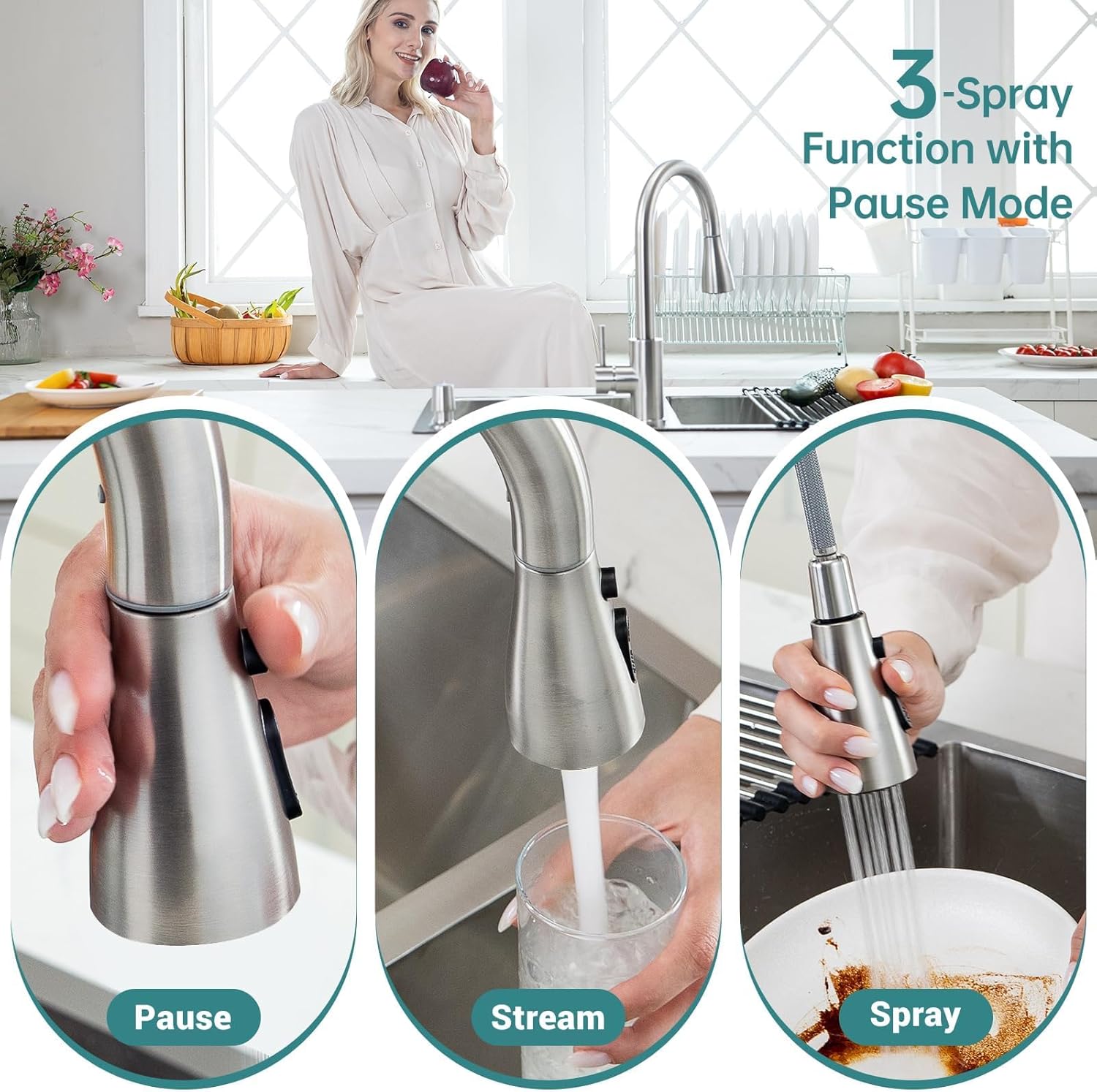 Close-up of the APPASO faucet's pull-down sprayer demonstrating pause, stream, and spray functions.