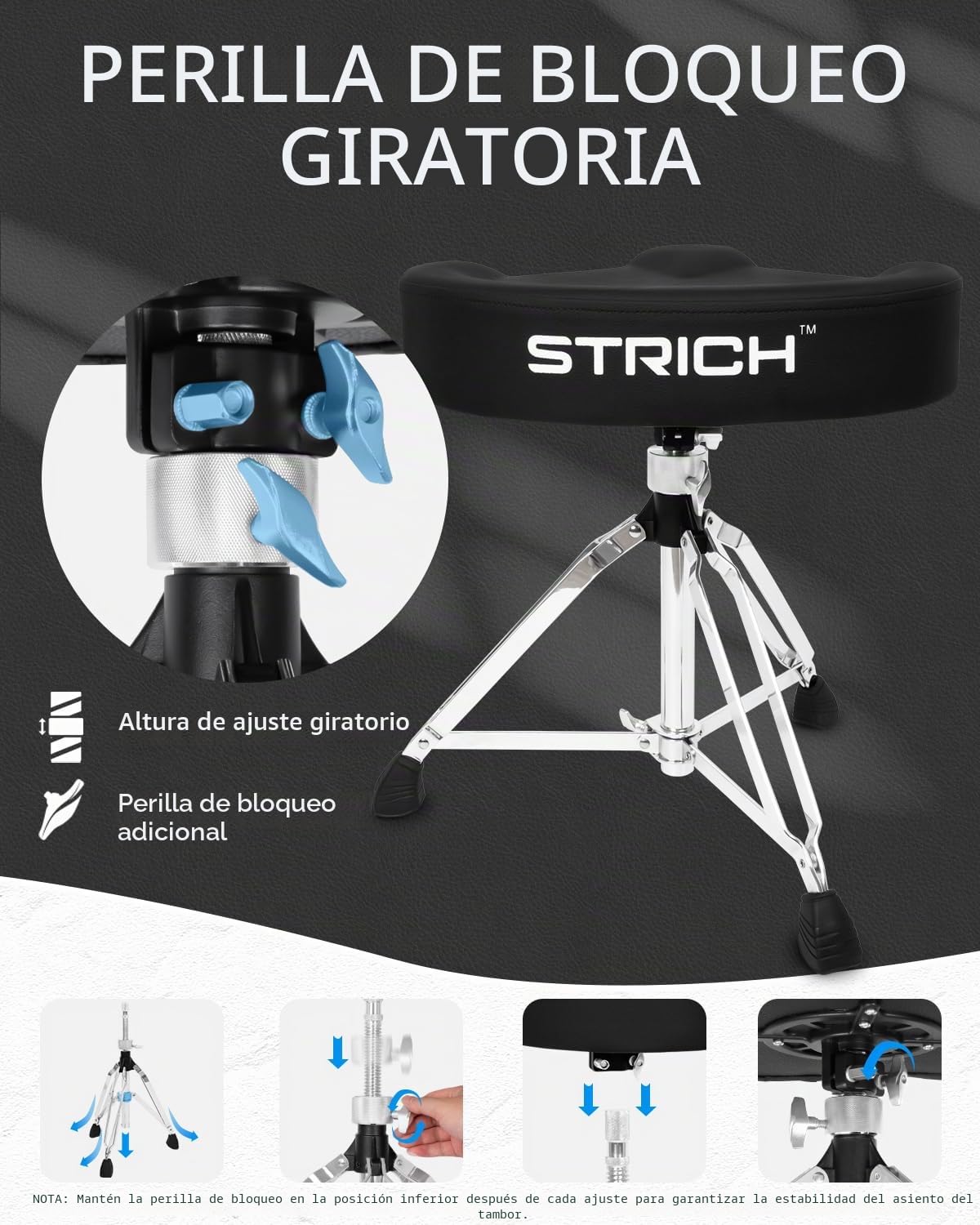 STRICH Saddle Drum Throne Seat SDB-30 - Taburete giratorio y acolchado ajustable para guitarra, silla de tambor ampliada estilo motocicleta resistente