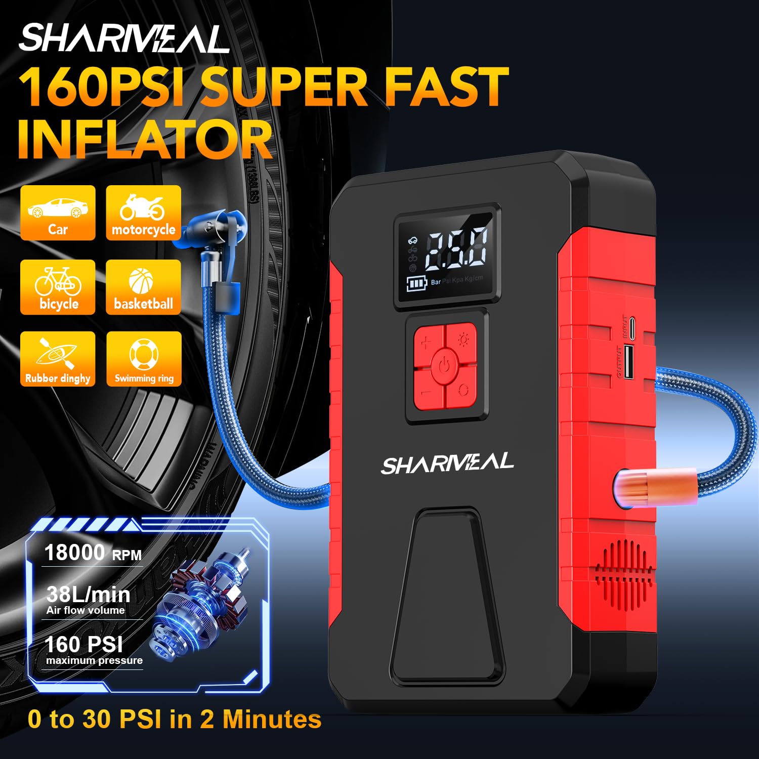 SHARMEAL Paquete de energía de Arranque de 5000 A con compresor de Aire de 150 PSI, Amplificador de batería portátil de Coche de 12 V (10.0 L de Gas/9.0 L diésel), Banco de energía de Arranque de