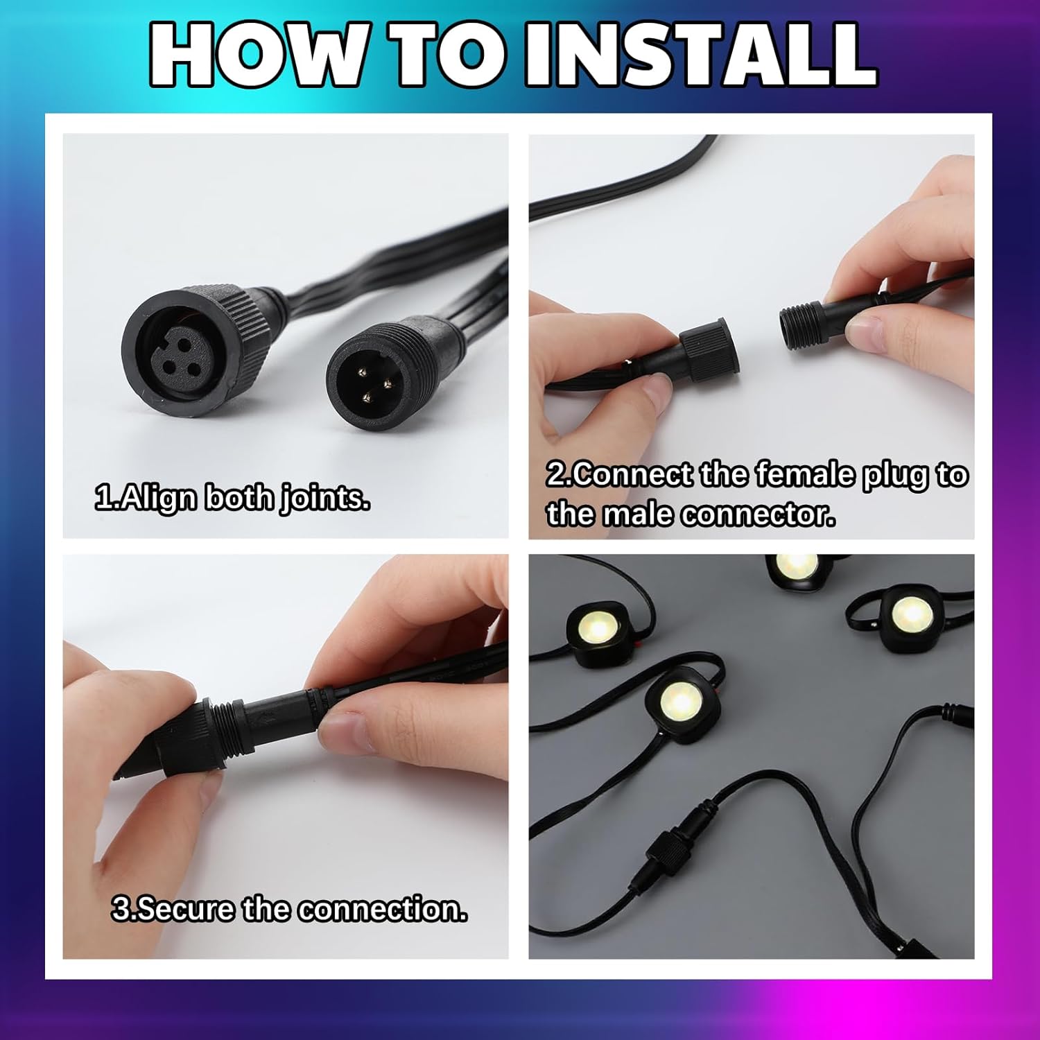 MorningRo 3 Pcs Extension Cable Kit Compatible with Govee Permanent Outdoor Light 3 Pins Y Splitter Cord Straight Extension Compatible with Govee H705 H706 H805 Weatherproof Patio Yard (6.2 ft,Black)
