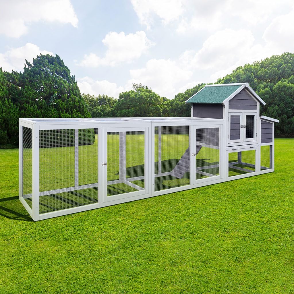 Outdoor Chicken Coop with Run, 122" Large Wooden Chicken Hutch Poultry Cage with Nesting Box, Leakproof Pull-on Tray & Waterproof Asphalt Roof, Multi-Level Hen House for 3-6 Chickens