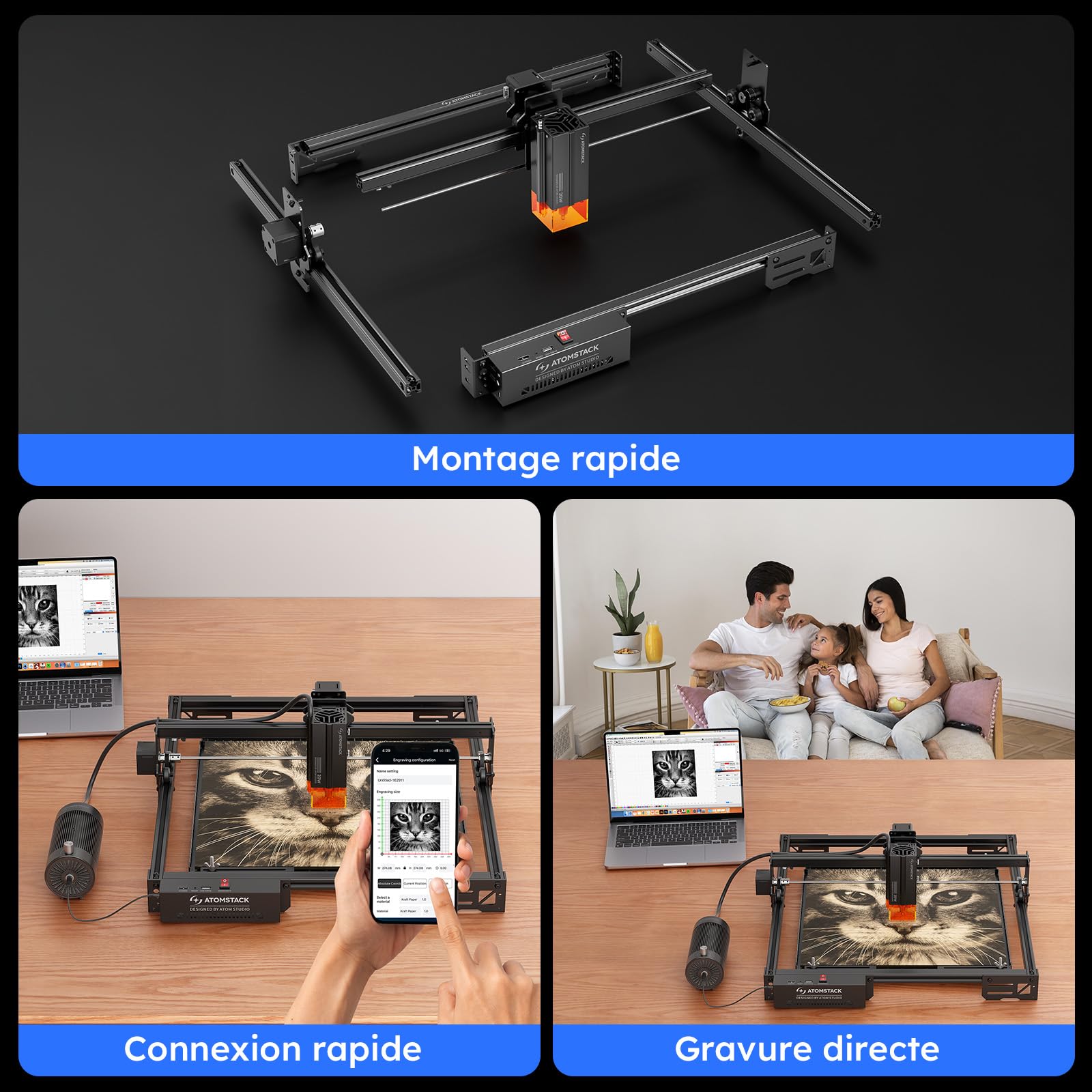 ATOMSTACK SWIFT A20 PRO V2 20W Graveur Laser Zone de Gravure : 410×380 mm Découpeur Laser de Haute Précision Pour Cadeaux Personnalisés Bois Acrylique Cuir (SWIFT A20 PRO V2 20W Noir)