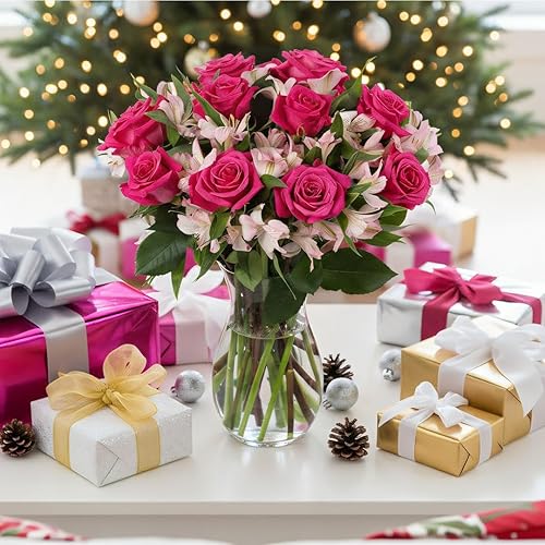 Miniatura 2 de Benchmark Bouquets - Rosas encantadoras y astromelias, jarrón incluido, flores frescas cortadas y cultivadas, regalo para decoración del hogar