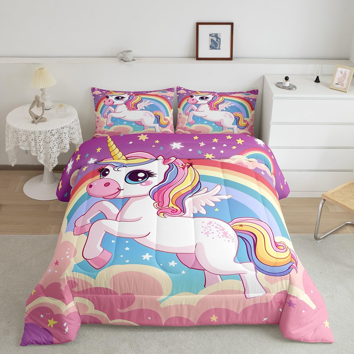 Cute Unicorn Kids Comforter Set Pink Clouds Blue Purple Sky Decor Bedding Set for Girls Teens Adults Colorful Rainbow Dreamy Angel Animal Quilted