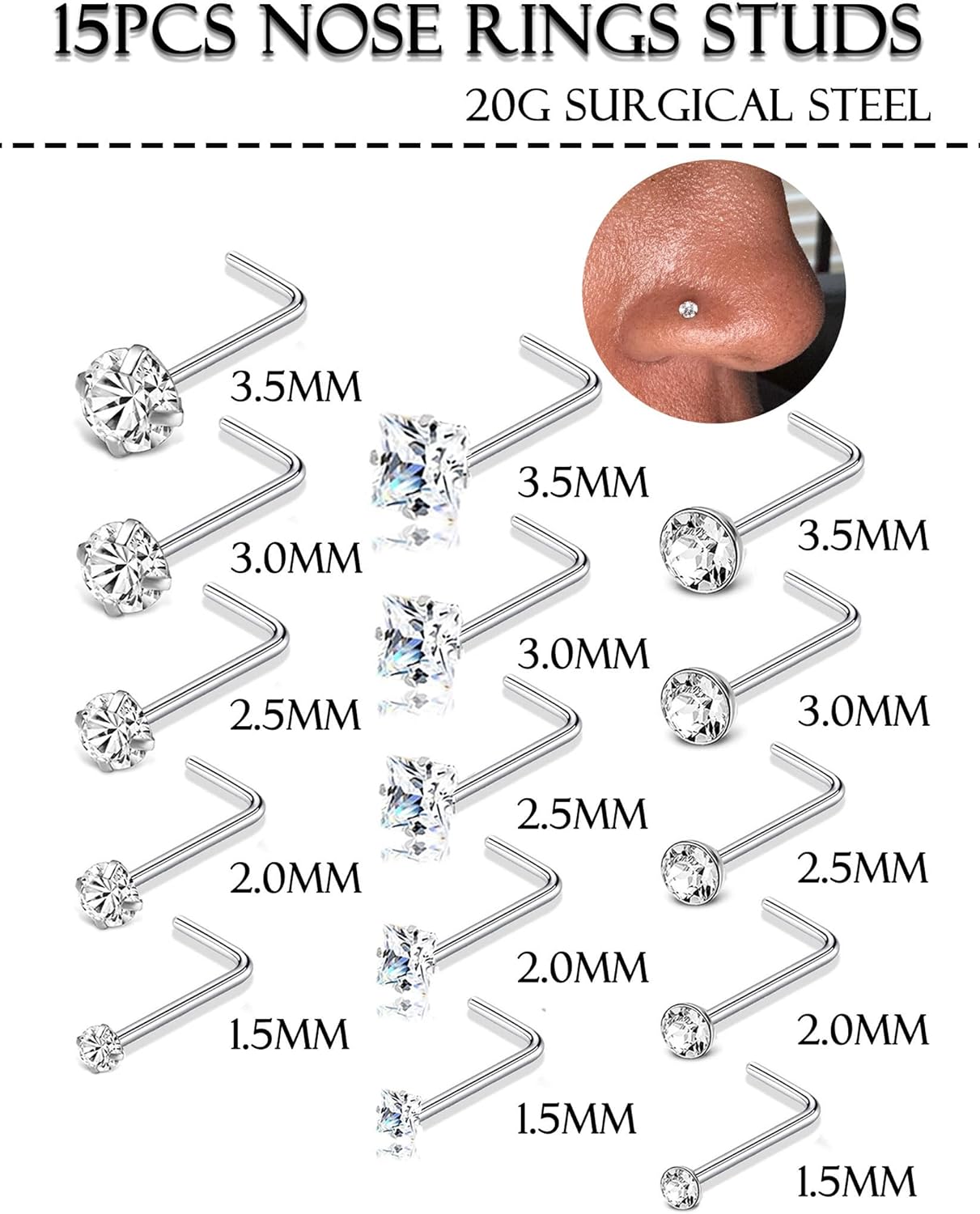 Akeoqi 15Pcs Nose Rings Studs 20G Surgical Steel L Shaped Corkscrew Bone Nose Studs Round Square Diamond CZ Piercings Jewelry for Women Men1.5mm 2mm 2.5mm 3mm 3.5mm Silver Tone - Image 2