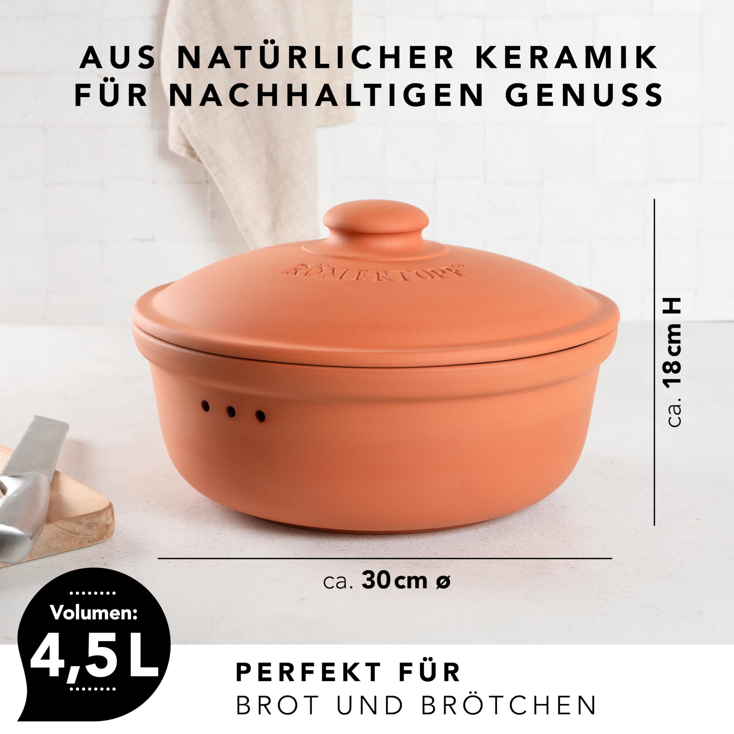 Römertopf Brottopf aus Keramik, ideal zu Brotaufbewahrung aus Ton Ø 30,0 cm