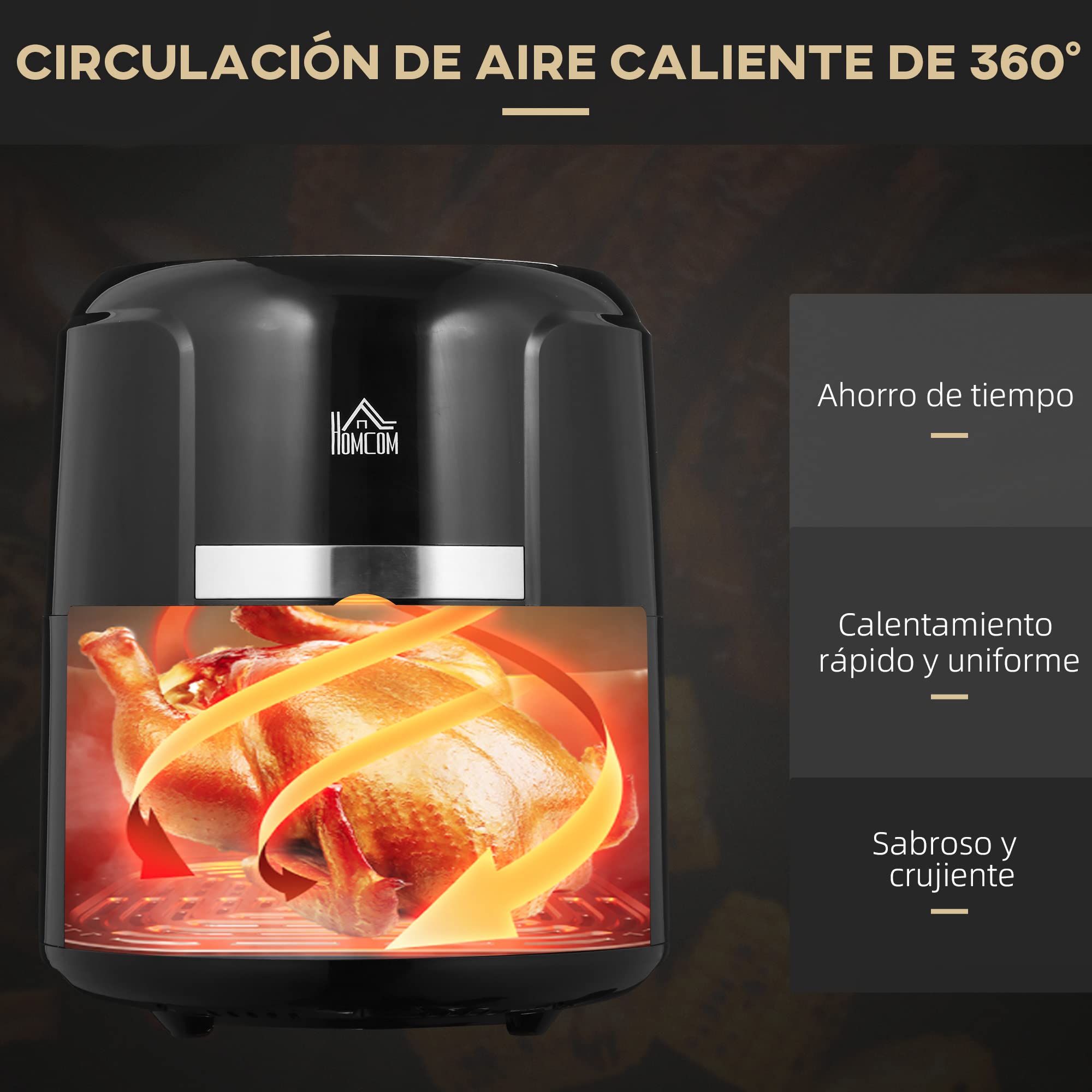 HOMCOM Freidora sin Aceite 4L Freidora de Aire Caliente 1300W con 12 Programas Pantalla LED Táctil Temperatura Ajustable Temporizador y Cesta Antiadherente Negro