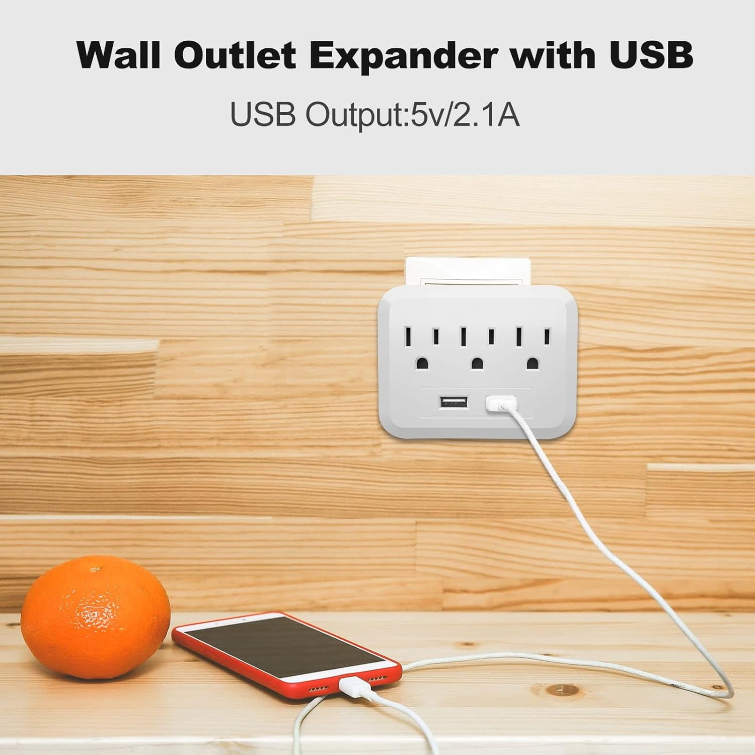 Multi Outlet Wall Adapter 5-in-1 Charger with 3 AC Outlets, 2 USB Ports (5V/2.1A), Compact Outlet Extender for Home, Dorm, Office and Travel (Single Pack)