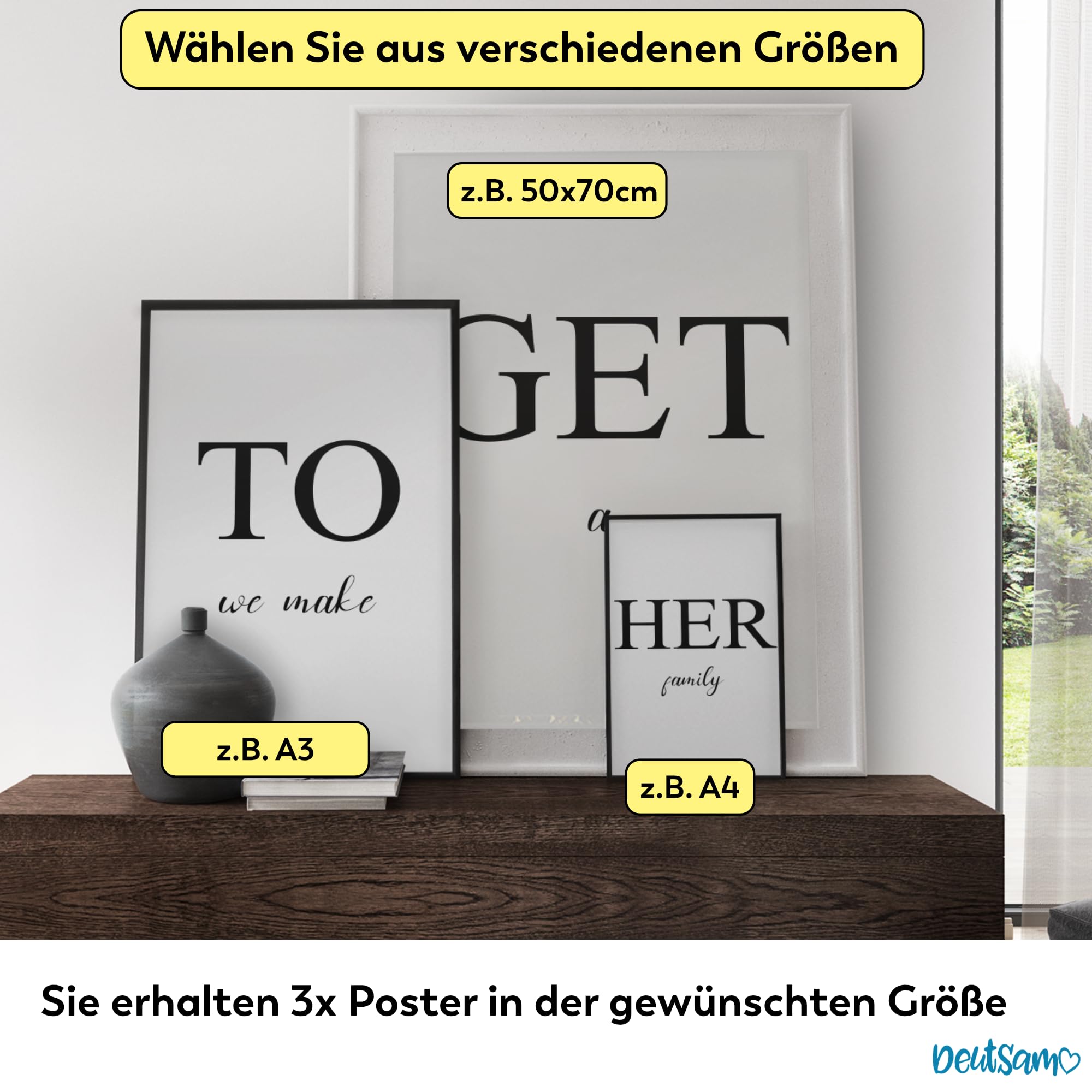 Deutsam 3er Poster Wandposter als Wohndeko für Wohnzimmer, Schlafzimmer, Flur oder Büro auch als Leinwand erhältlich (Together, 50x70cm)