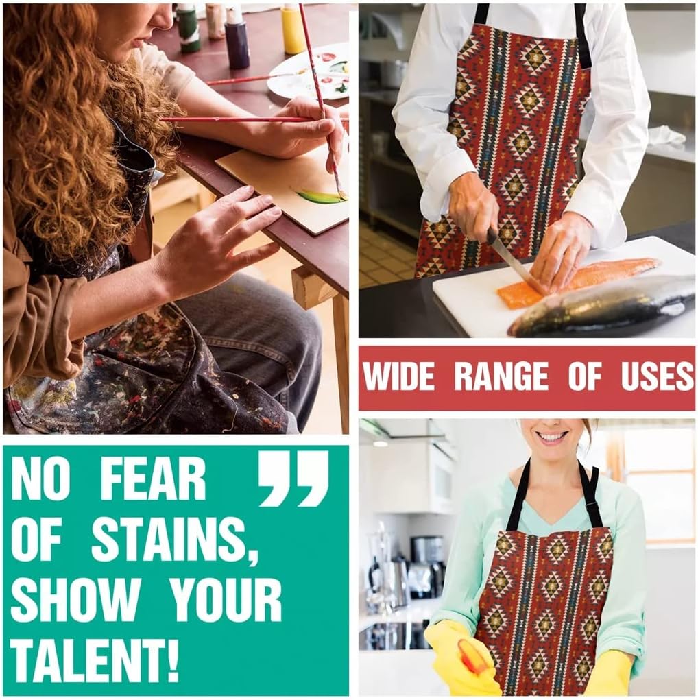 Kitchen Apron Lattice Ethnic Geometry Adjustable Bib Canvas Aprons for Women Cooking Baking Restaurant Pinafore
