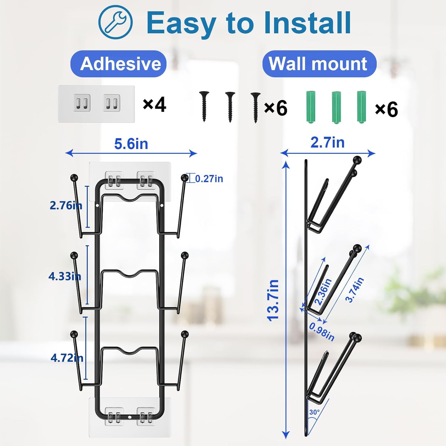 Paquete de 2 estantes organizadores para tapa de olla, 6 niveles para puertas de gabinetemontaje en pared, soporte reutilizable para tapa de olla para almacenamiento de cocina con adhesivo sin