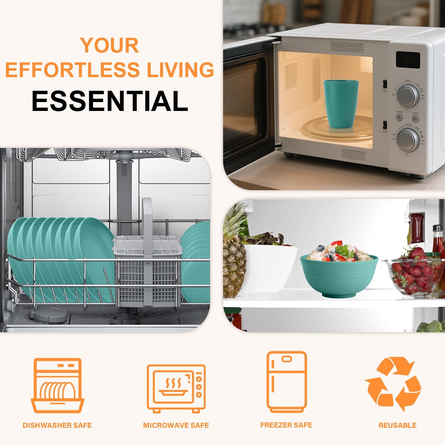 Wheat Straw Dinnerware Sets 32-Piece, Service for 8, Unbreakable Kitchen Dishes Set, Plastic Plates and Bowls Set with Cups, Microwave and Dishwasher Safe Dishware Set for Party- Green