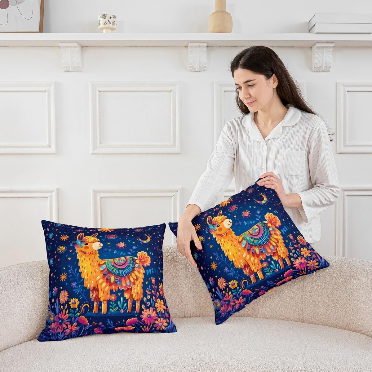 Exotic Alpaca Pillow Cover Cartoon Cute Animal Bohemian Style Pillow Case for Kids Teens Adults Hippie Daisy Moon Hearts Graffiti Cushion Cover for Chairs Bedroom 24x24 Inch image 3