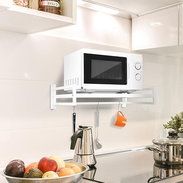 ABCOOL Wall Mount Microwave Oven Shelf Rack for Kitchen Home, Carbon Steel Counter Countertop Holder with Hook Rail and 3 Slidable Hooks