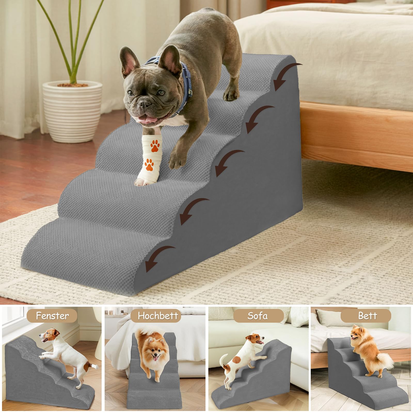 Niubya Hundetreppe für Kleine Hunde, H30 cm, für Katzentreppe Hundetreppe Bett und Sofa, ältere und verletzte Haustiere, mit waschbarem Bezug und hochdichtem Schaumstoff (Grau, 2 Stufen)