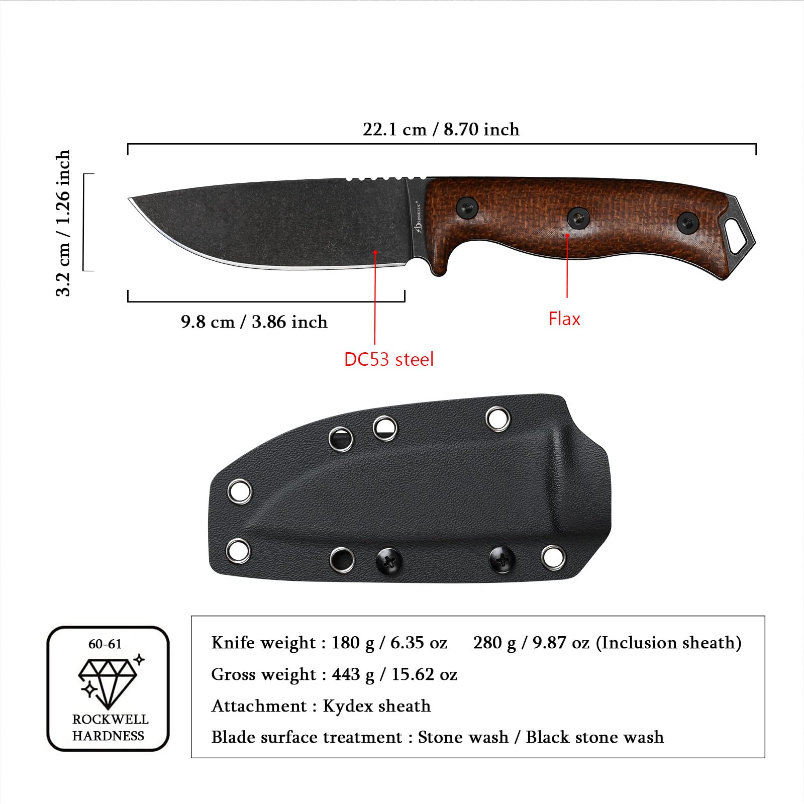 DC53 Stahl messer Feststehende Klinge Micarta Griff mit Kydex Scheide für Männer EDC Camping Survival Outdoor (Black Stone Wash)