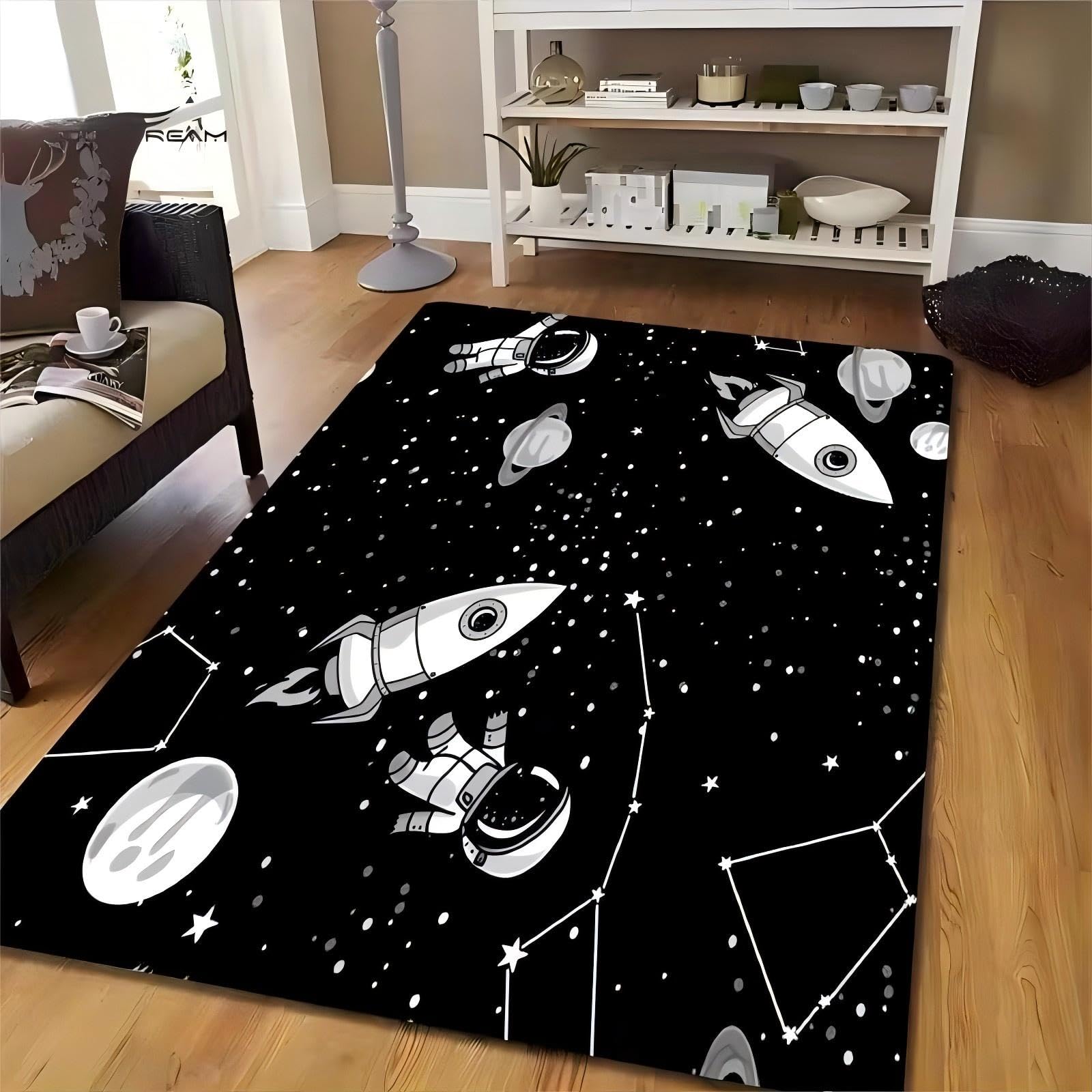 Kuluoits Galaxy Area Rug for Living Room, 60x110cm Starry Sky Astronaut Rocket Constellation Space Theme Large-Area Rugs Mat, Black Planet Star Non-Slip Washable Bedroom Entrance Carpet