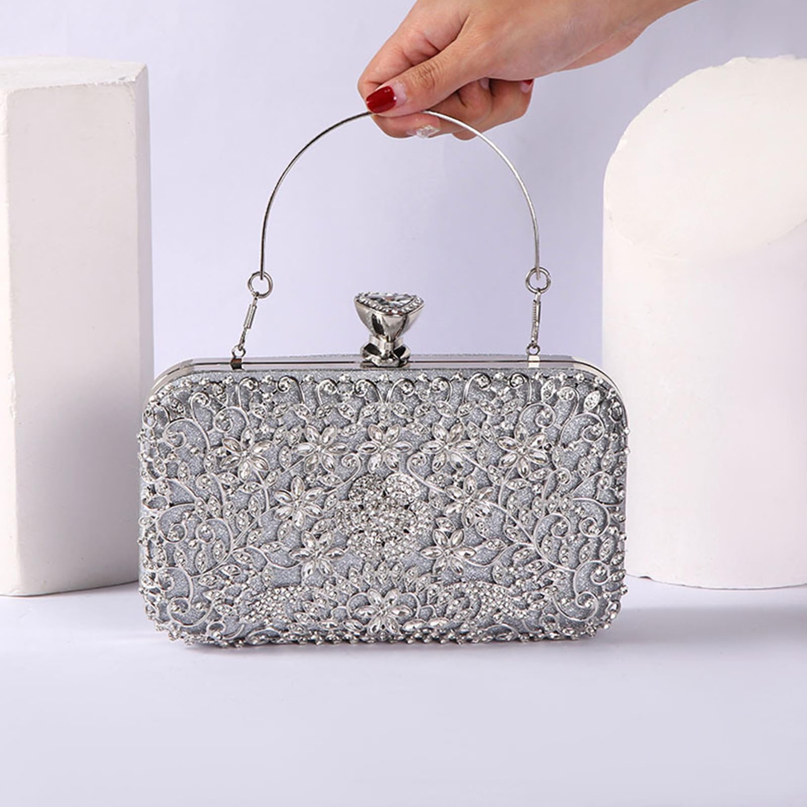 CORIOS Bolsa de Noche para Mujer Diamantes de Imitación Clutch Bolso de Fiesta Pequeña Bolso de Boda Bolsos Bandolera con Cadena Elegante Bolso de Hombro para Fiesta Banquete Boda Plata