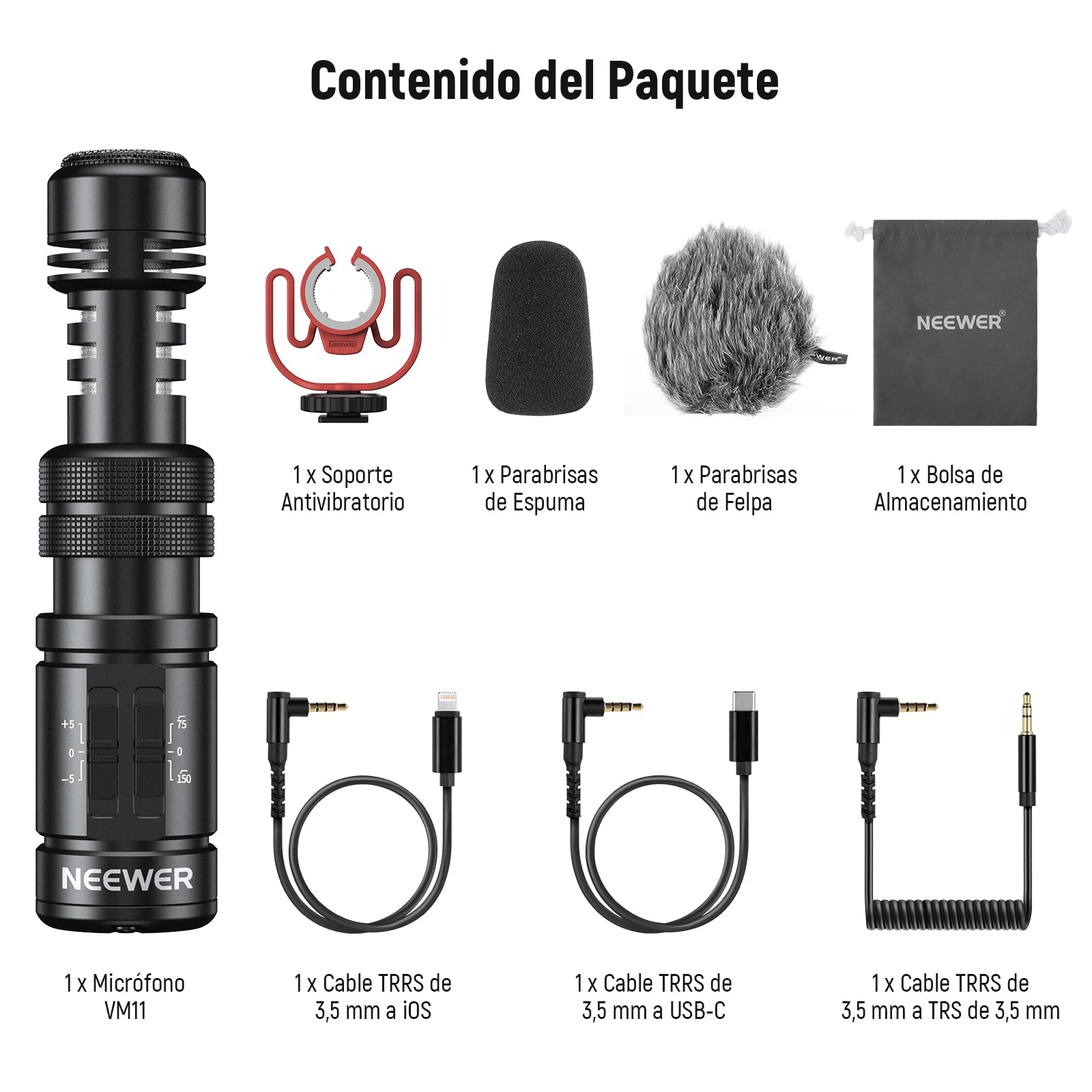 NEEWER Conectar & Usar Micrófono Vlog para Cámara DSLR, Compatible con iPhone Mac Android Teléfono Tableta Portátil PC, 20-20 KHz Mini Mic Supercardioide con Dos OTG para Grabación Streaming, VM11