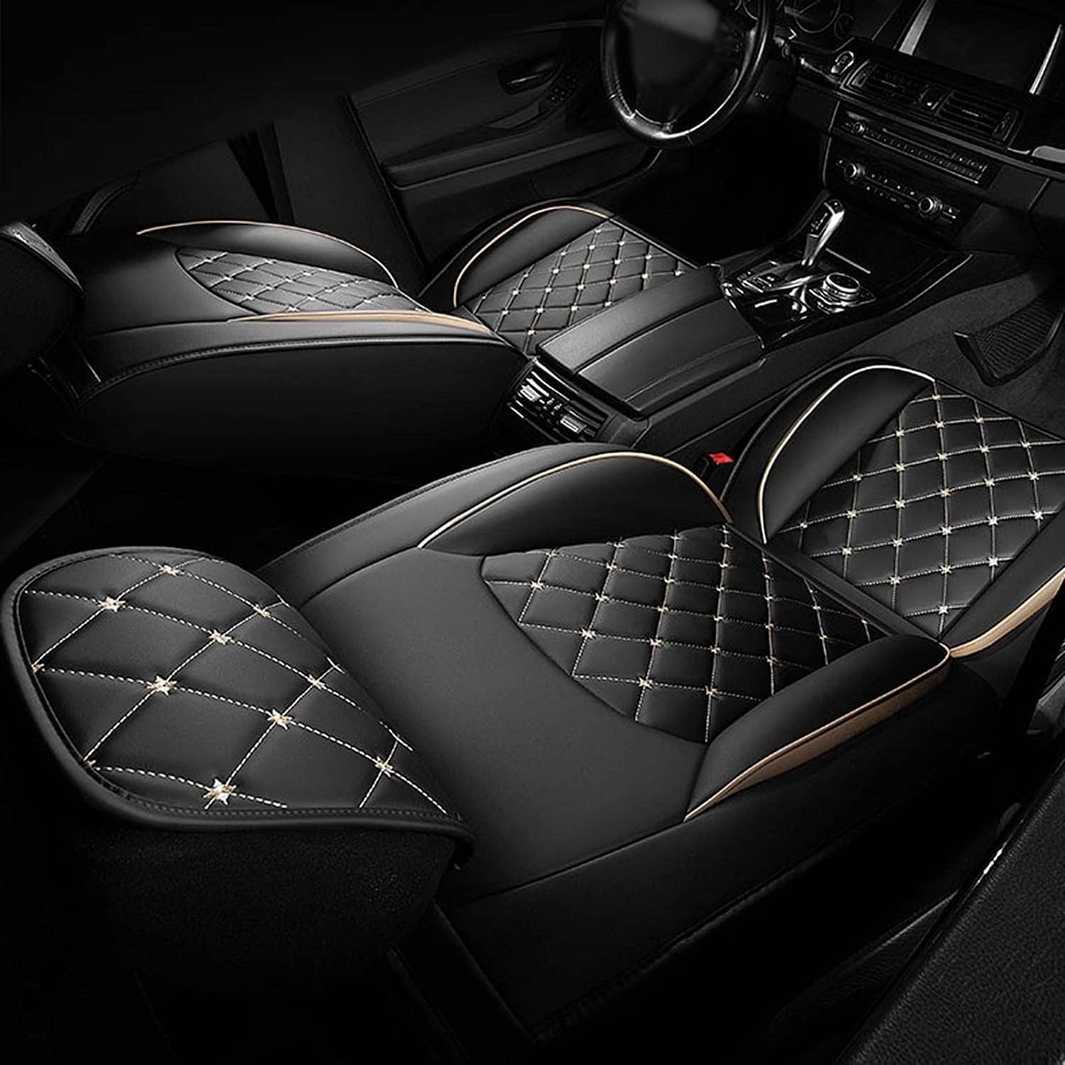 Fundas de Asiento Coche Universales 5 Plazas Protector Asiento Cuero - Cubreasientos Ajustables con Costuras para Coche Gasolina y Diesel, Oro