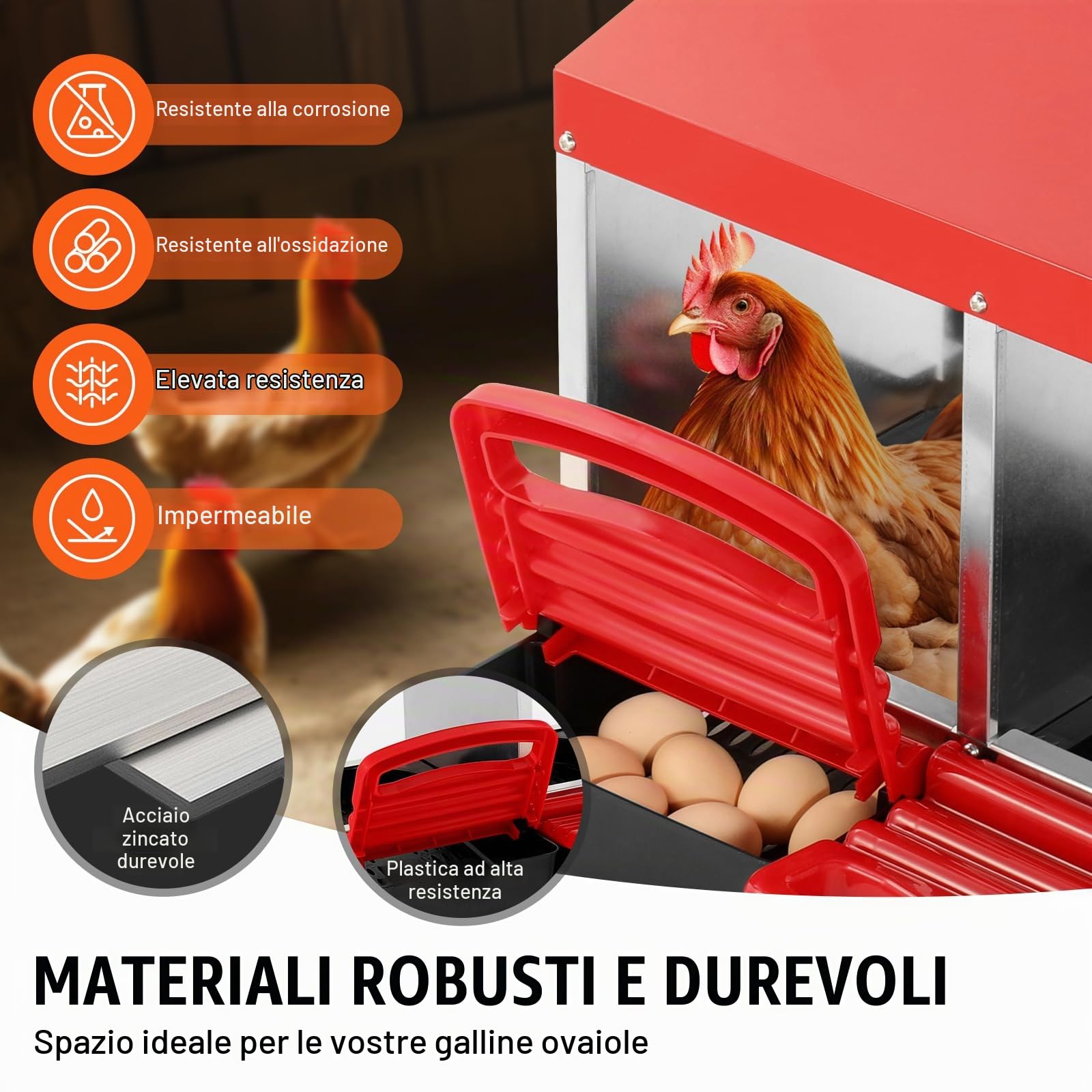 VEVOR Nido per Polli 796 x 525 x 790 mm Nido per Galline a 6 Scomparti, Stabile Resistente alla Corrosione, con Nidi Inclinati, Fori sul Fondo e Piattaforma di Riposo, Adatto a Diverse Razze di Polli