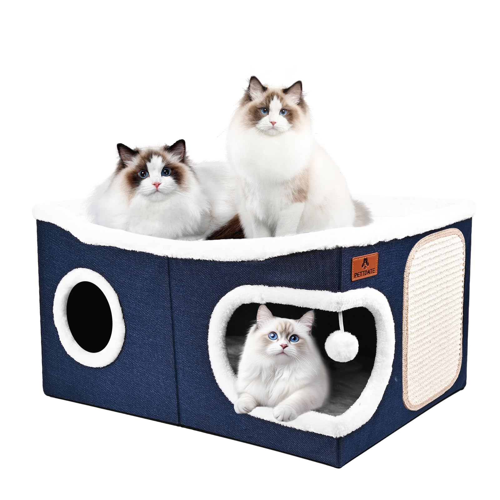 Extra-Wide Cat Beds for Indoor Cats, Large Cat Cave Bed with Scratch Pad and Fluffy Ball, Foldable Cat Hideaway with Reversible Cushion for Multi Small Pet Large Kitty, 60D x 43W x 32H cm, Blue