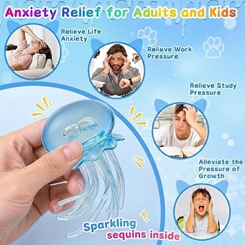 Glitter Jellyfish Squeeze Toys, Squishy Ultra Squishy and Moldable Slow Rise, Portable Calming Fidget for Office, Travel, Party Birthday (Blue)